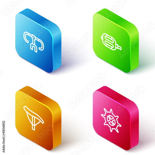 Set Isometric line Bicycle handlebar, pedal, seat and sprocket crank icon. Vector.