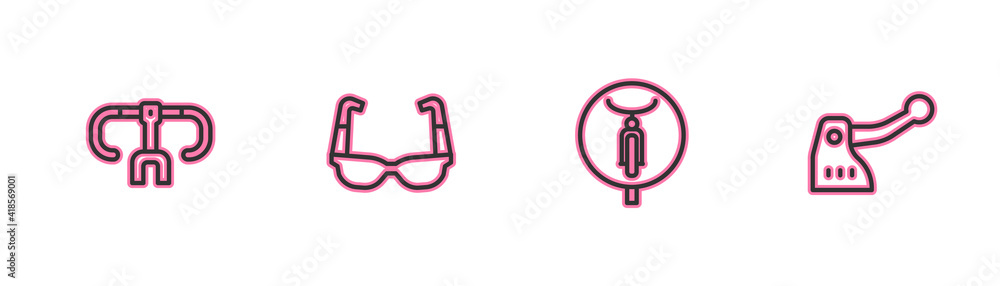 Set line Bicycle handlebar, , Sport cycling sunglasses and brake icon. Vector. Set line Bicycle handlebar, , Sport cycling sunglasses and brake icon. Vector.