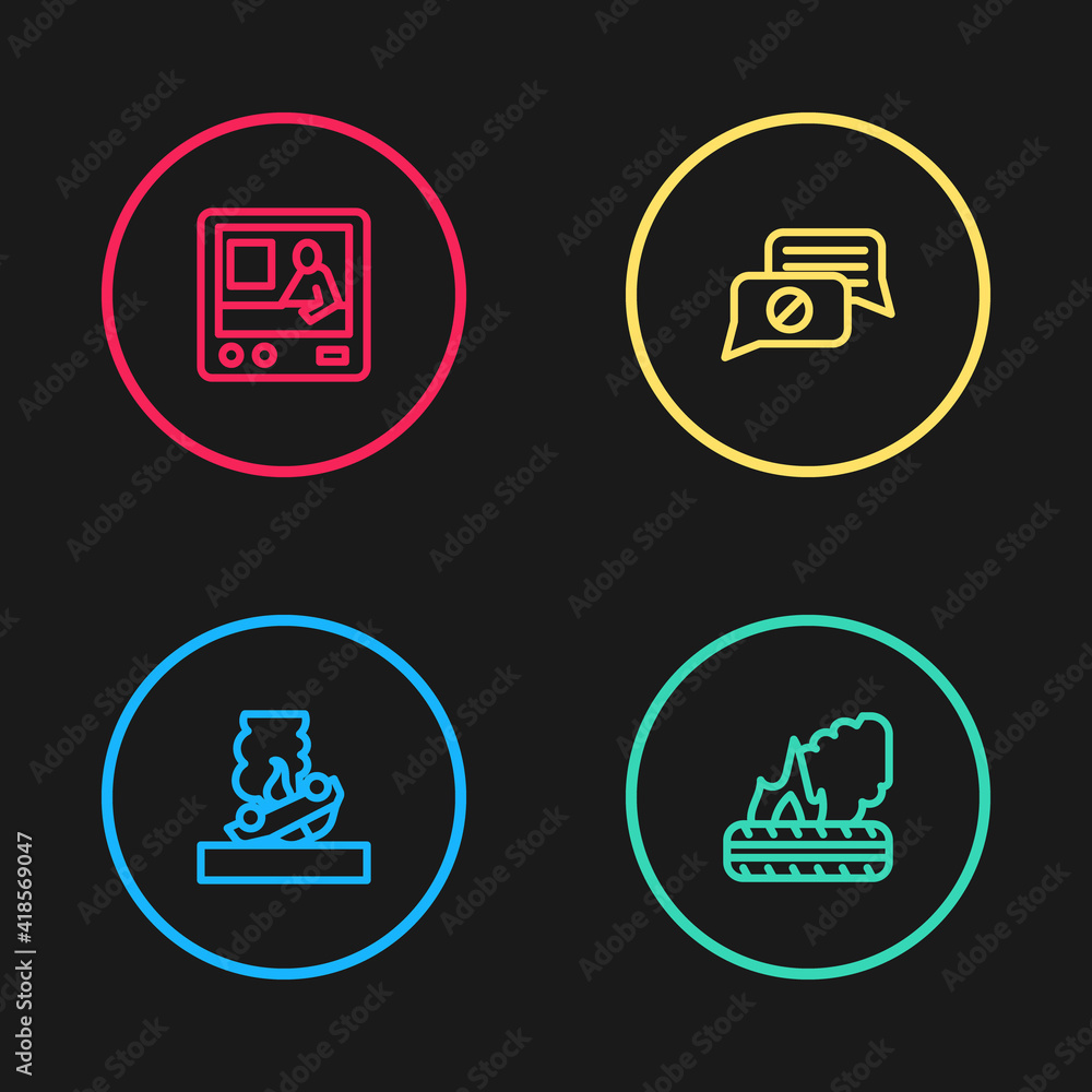 Set line Burning car, Lying burning tires, Speech bubble chat and Television report icon. Vector. Set line Burning car, Lying burning tires, Speech bubble chat and Television report icon. Vector.