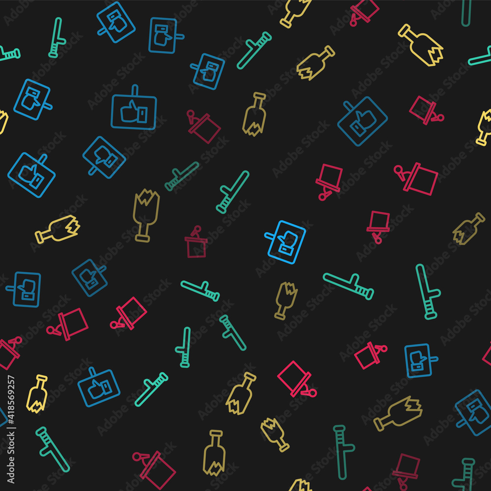 Set line Protest, Police rubber baton, Broken bottle as weapon and Stage stand or tribune on seamless pattern. Vector. Set line Protest, Police rubber baton, Broken bottle as weapon and Stage stand or tribune on seamless pattern. Vector.