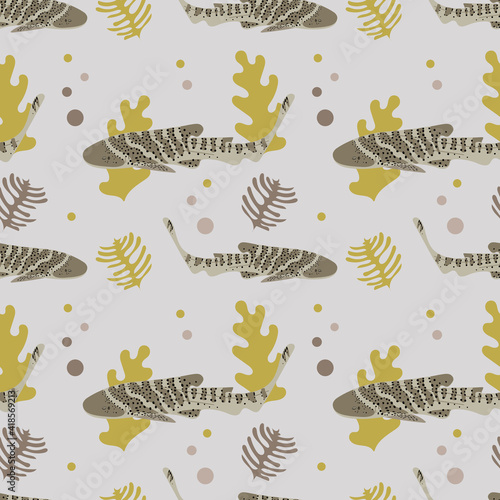 Seamless pattern with spotted zebra sharks and algae. Marine composition for fashion prints, fabrics, textiles, paper, decorative pillows.  photo