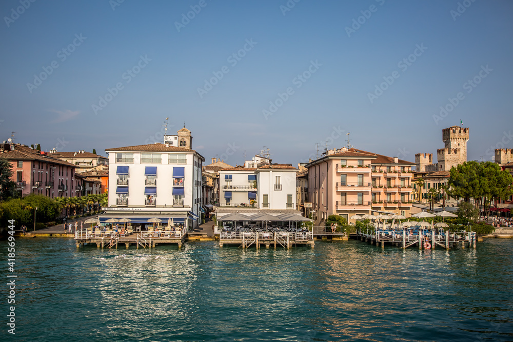 Sirmione. View of the marina and the town on Lake Gardaa. Lombardy, Italy