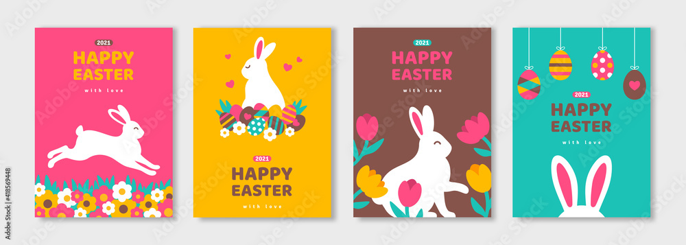 Posters set with white bunny silhouettes, spring flowers and colored ...