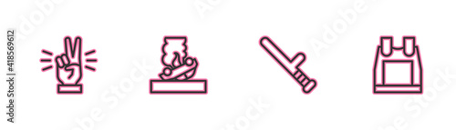 Set line Hand showing two finger, Police rubber baton, Burning car and Bulletproof vest icon. Vector.