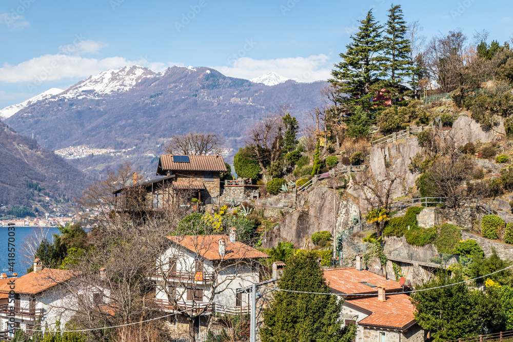 Little town wih stone house near the Lake Como