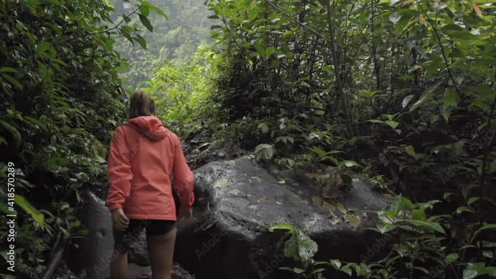 Slow motion with a tilt up of a woman hiker carefully making her way up a rocky hiking path in the shadows of a lush tropical jungle - Bali, Indonesia Slow motion with a tilt up of a woman hiker carefully making her way up a rocky hiking path in the shadows of a lush tropical jungle - Bali, Indonesia