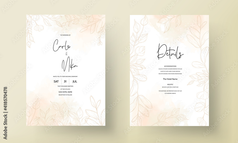 Gold leaf wedding invitation card template design