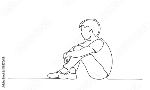 Sad young boy teenager sitting alone. One line drawing.