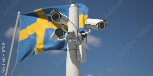 Waving flag of Sweden and the security cameras on the pole. 3d rendering
