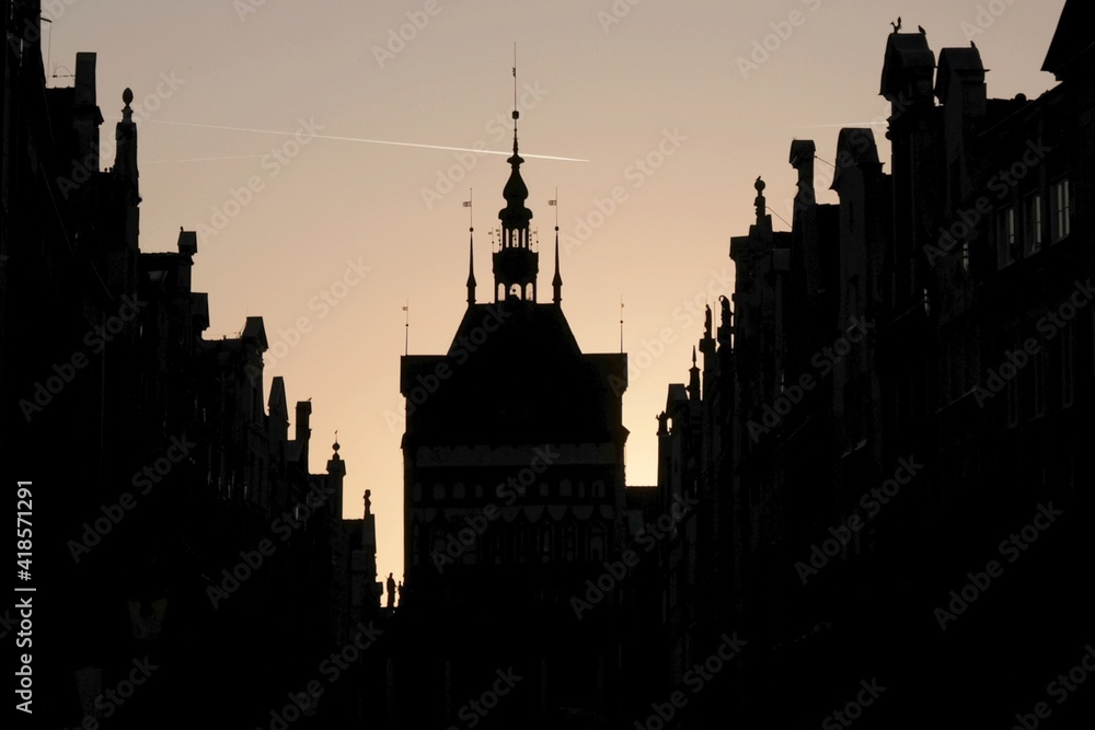 Contour photo of Old Town of Gdansk - Dluga street and Golden Gate in evening light. Poland