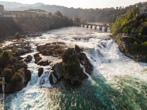 Aerial panorama of Rheinfall cascade rapid waterfall on Rhine river Bodensee Neuhausen Schaffhausen Switzerland Germany