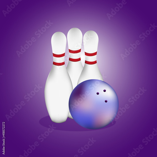 Vector illustration of a bowling alley. Three pins and a ball on a purple background. Illustration in the gradient style.
