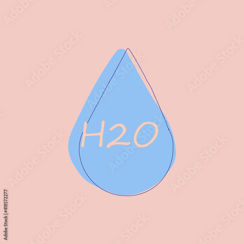 H2O.Blue water drop icon on a pink background. Vector clip art for design design.