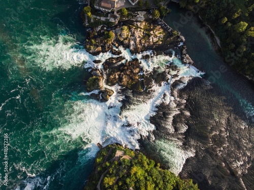 Aerial top down panorama of Rheinfall cascade rapid waterfall on Rhine river Neuhausen Schaffhausen Switzerland Germany
