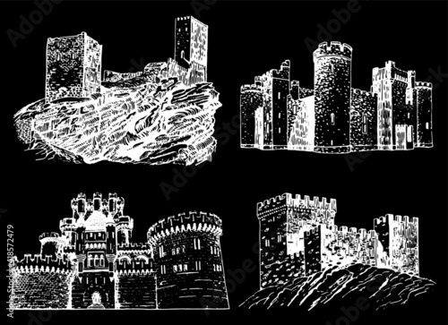 Graphical set of fortresses isolated on black background,vector elements of architecture. Vector illustration