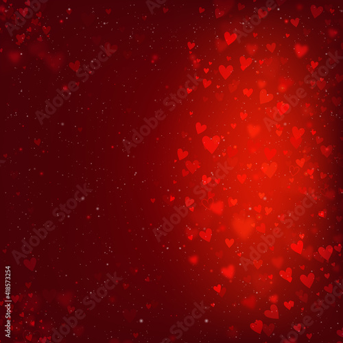 Valentines Day background with hearts and bokeh lights. Red love background with hearts and sparkle lights.