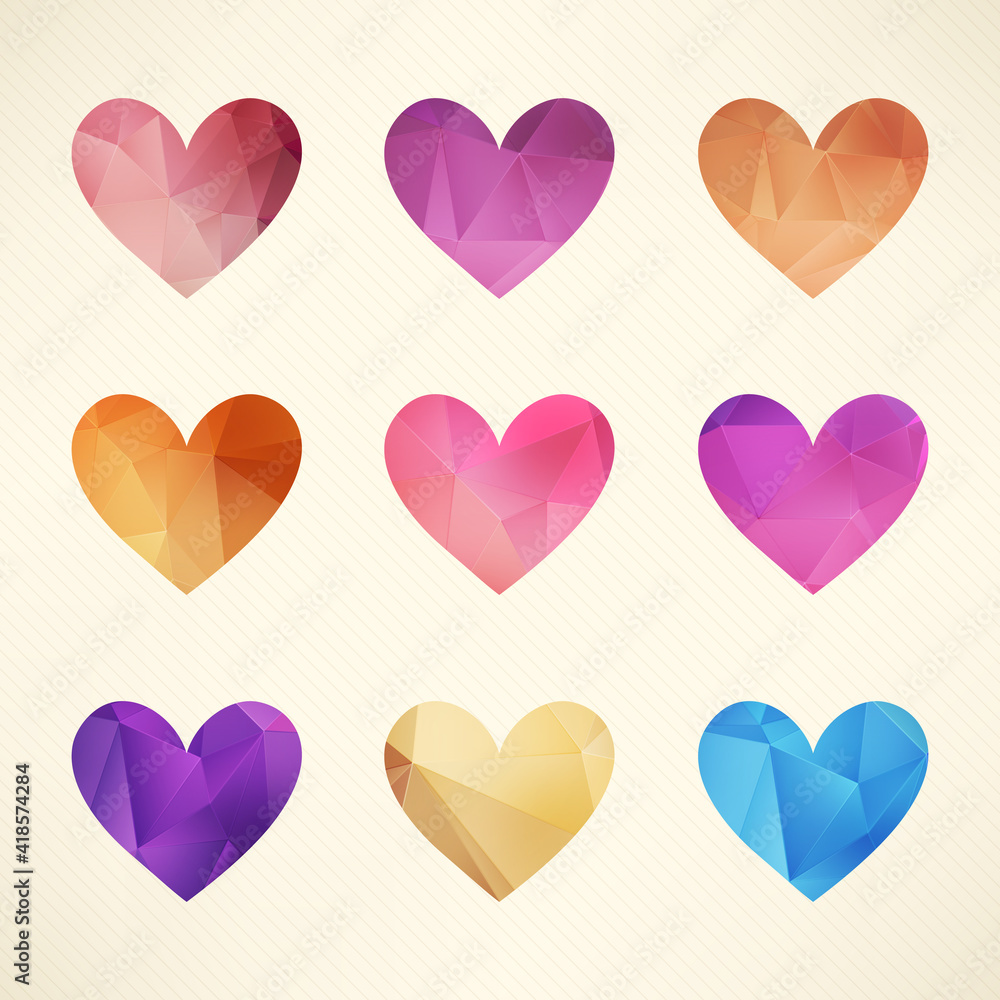 Geometric hearts. Diamond hearts shapes set Geometric hearts. Diamond hearts shapes set