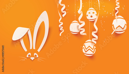 Easter Bunny card in paper cut style with confetti and eggs for seasonal Easter holidays greetings and invitations cards,vector illustration