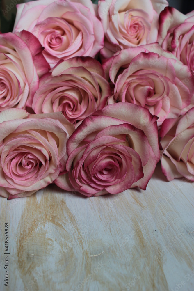 A beautiful bouquet of pink roses lies on a light wooden surface. A beautiful bouquet of pink roses lies on a light wooden surface.