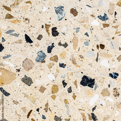 Cool seamless terrazzo pattern of marble-mosaic natural concrete floor. Trendy texture for flooring and facades. Colorful hand made template with beautiful natural stones. 