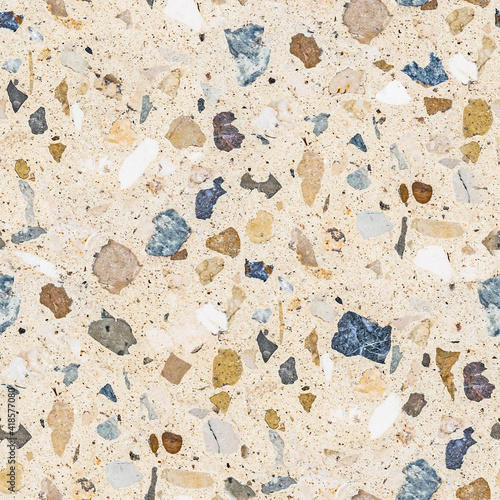 Cool seamless terrazzo pattern of marble-mosaic natural concrete floor. Trendy texture for flooring and facades. Colorful hand made template with beautiful natural stones.