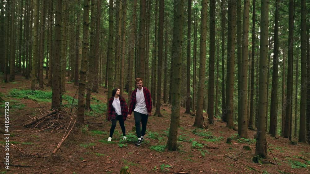 Happy young couple walking in the woods holding hands, smiling and talking. Couple spends ascending together on a walk in the woods Happy young couple walking in the woods holding hands, smiling and talking. Couple spends ascending together on a walk in the woods
