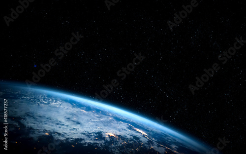 Fototapeta Naklejka Na Ścianę i Meble -  Planet earth globe view from space showing realistic earth surface and world map as in outer space point of view . Elements of this image furnished by NASA planet earth from space photos.