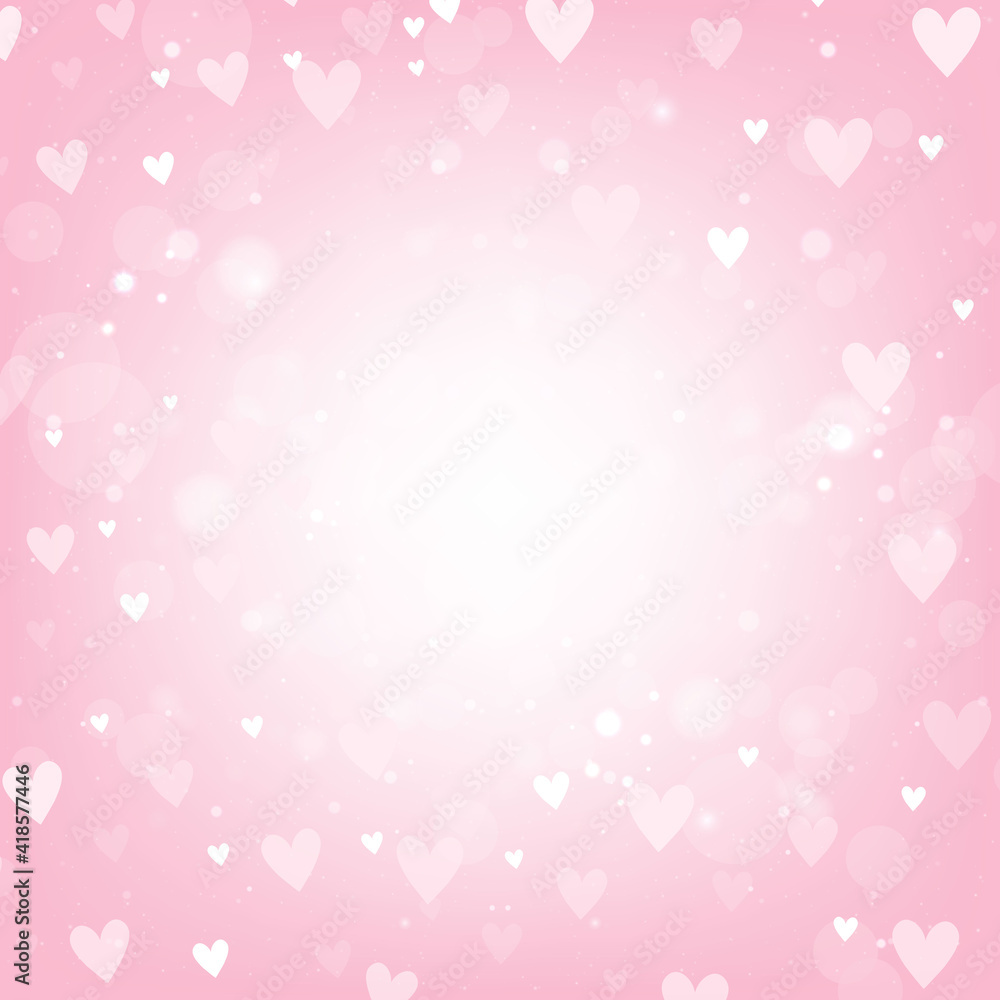 Valentines Day background with hearts and bokeh lights. Pink love background with hearts and sparkle lights.