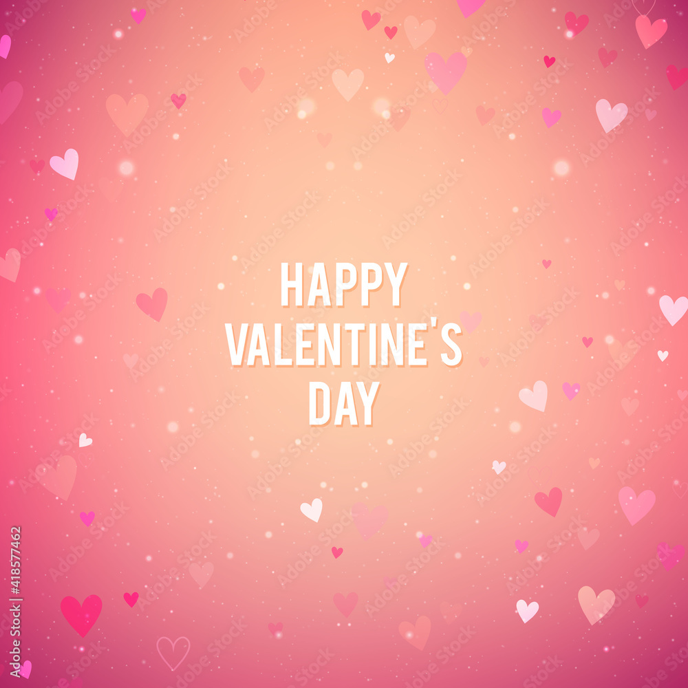 Valentines Day background with hearts and bokeh lights. Pink love background with hearts and sparkle lights.