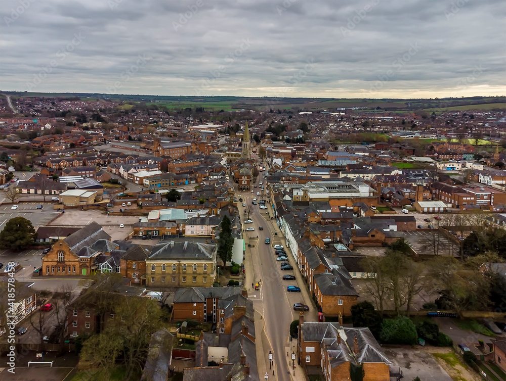A panorama aerial view into the town of Market Harborough, UK in springtime