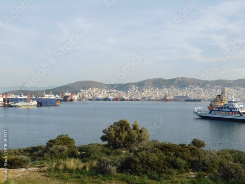 Obraz na plátne The strait between Attica and the Salamis island, where the famous sea battle of 480 BC took place, viewed from the burial mound of the fallen Greeks