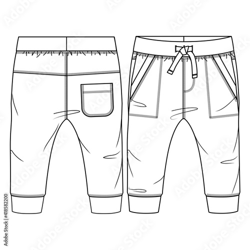 Baby Boys Fleece Jogger Pant fashion flat sketch template. Technical Fashion Illustration. Knit Pant CAD