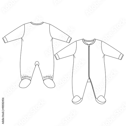Vector Baby Sleeper. Zipper Opening. Infant Layette Clothing Elements. Fashion flat sketch template. Technical Fashion Illustration. 