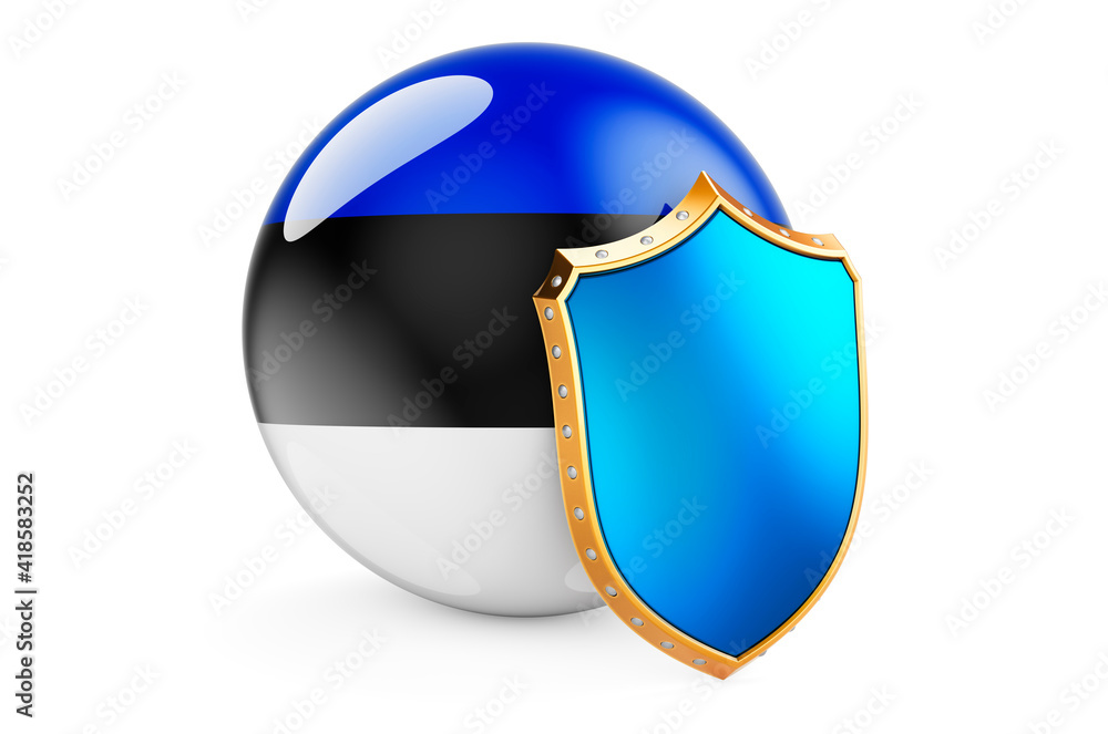 Estonian flag with shield. Protect of Estonia concept, 3D rendering Estonian flag with shield. Protect of Estonia concept, 3D rendering