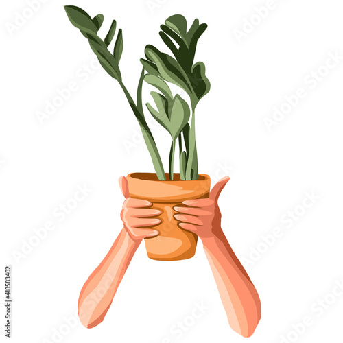 A collection of hands holding bouquets or bunches of blooming flowers. hands holding flower bowls  pots. Flower pots.A bunch of floral decorative design elements isolated on a white background. 