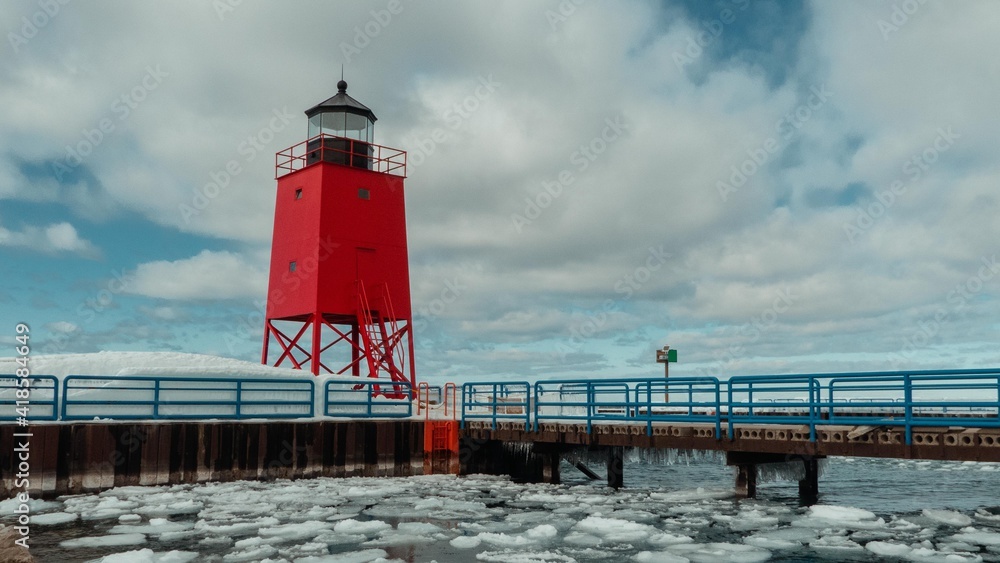 Michigan lighthouse in winter. Charlevoix Michigan, Up north lake. Icey wintertime. 