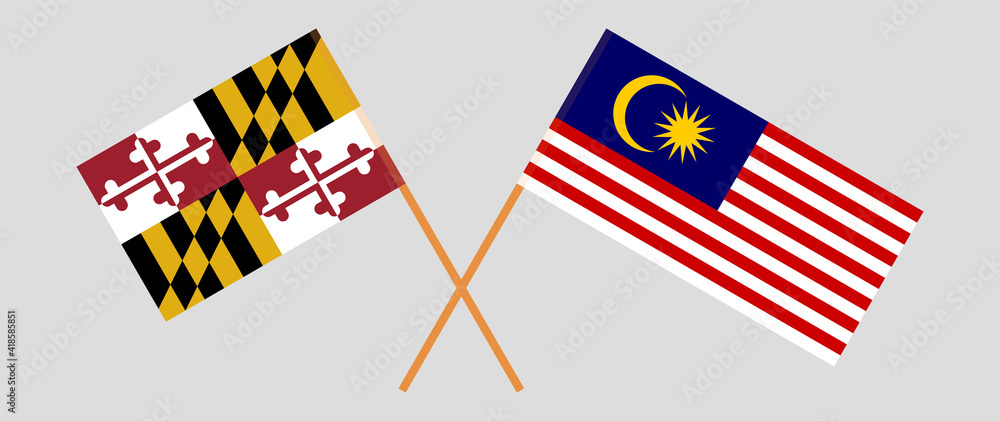 Crossed flags of the State of Maryland and Malaysia. Official colors. Correct proportion Crossed flags of the State of Maryland and Malaysia. Official colors. Correct proportion