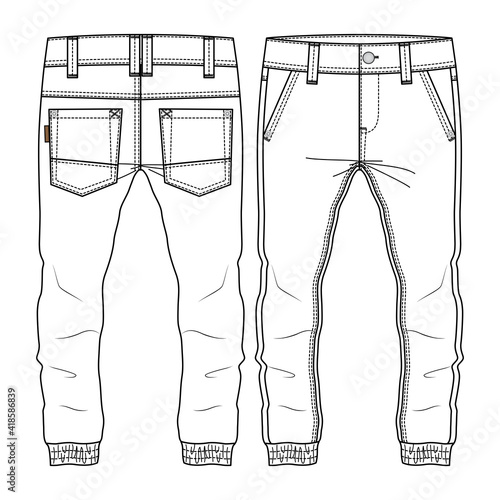 Men Boys Pant fashion flat sketch template. Technical Fashion Illustration. Woven CAD