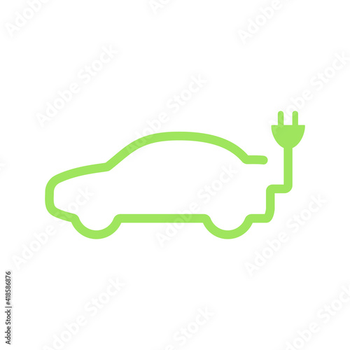 Electric car icon. ECO green line vehicle symbol. Hybrid car sign. Auto outline vector illustration isolated on white background.