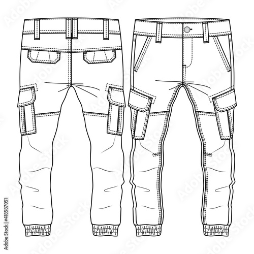 Men Boys Cargo Pocket Pant fashion flat sketch template. Technical Fashion Illustration. Woven CAD. Cut and sew detail with Back Pocket Flap