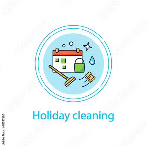 Holiday cleaning concept line icon Spring cleaning. Sweeping, wiping.Cleanup calendar, schedule. House maintenance. Housekeeping concept.Vector isolated conception metaphor illustration
