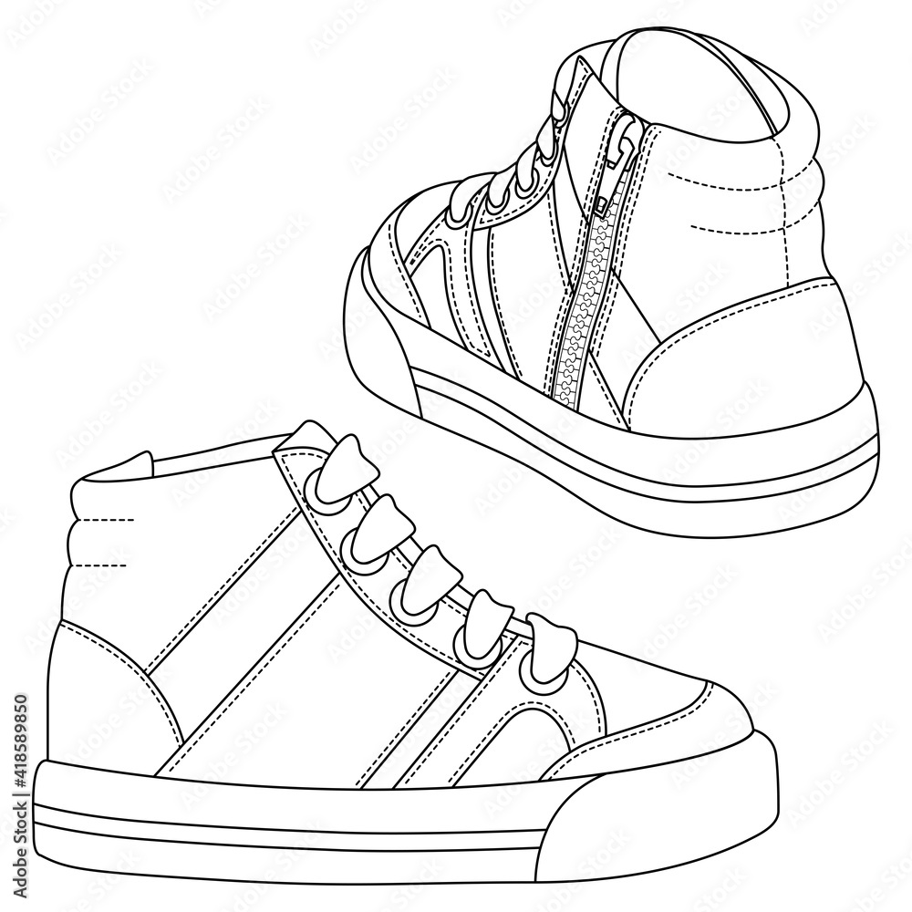 Kids Sneakers outline drawing. Boys Shoes fashion flat sketch template.  Technical Athletic shoe Fashion Illustration. Black lines of sport shoe on  white background. Stock Vector | Adobe Stock