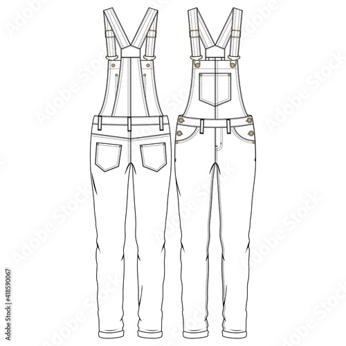 Women Girls Overall Jumpsuit fashion flat sketch template. Technical Fashion Illustration.