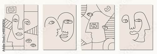 Foto Set of hand drawn surrealistic, abstract faces in line art style, seamless patte