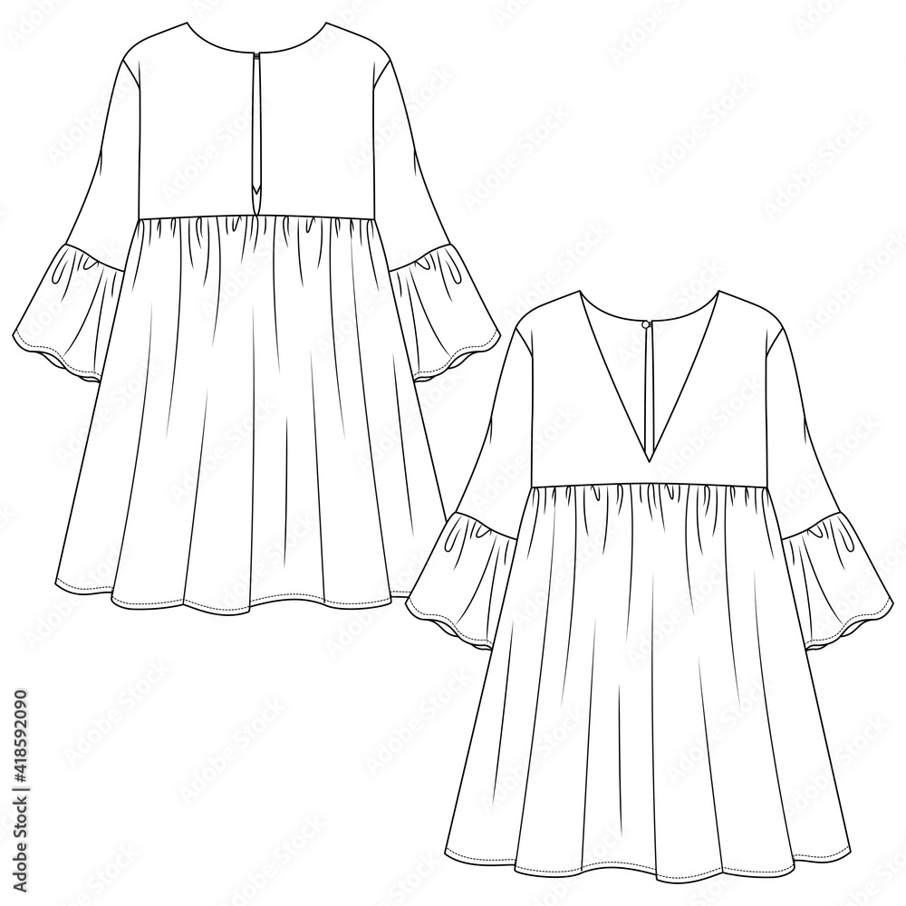 Women Short Dress fashion flat sketch template. Technical Fashion Illustration. Girls Empire Waist Dress with flare sleeve detail. Low V-Neck and back keyhole opening Women Short Dress fashion flat sketch template. Technical Fashion Illustration. Girls Empire Waist Dress with flare sleeve detail. Low V-Neck and back keyhole opening