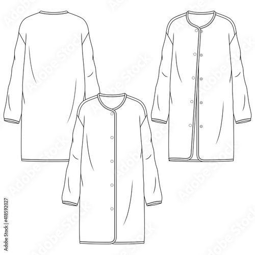 Women Long Jacket fashion flat sketch template. Technical Fashion Illustration. Relax Fit with Snap Opening at front
