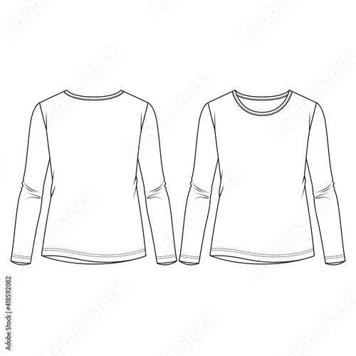 Women Long Sleeves top fashion flat sketch template. Girls Regular length tee Technical Fashion Illustration