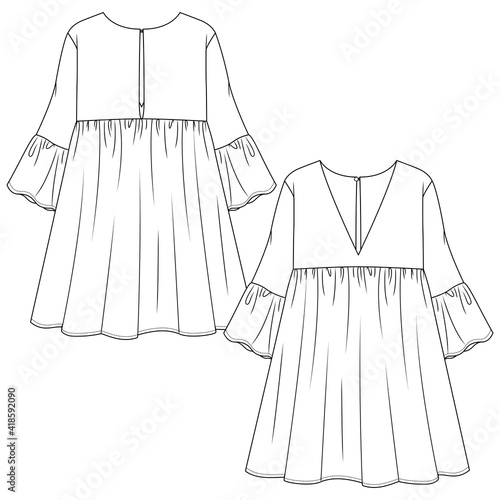 Women Short Dress fashion flat sketch template. Technical Fashion Illustration. Girls Empire Waist Dress with flare sleeve detail. Low V-Neck and back keyhole opening