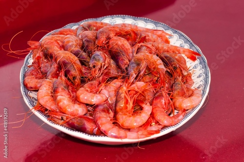 Delicious prawns dish. Shrimp. Species called red gamba or tiger or listing photo