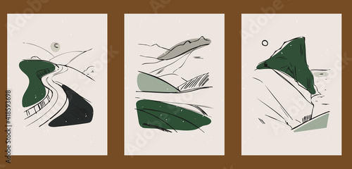 A set of three identical panoramic posters. Backgrounds for interior design, social media, marketing, advertising, covers. Vintage illustrations in boho style with mountains, cliffs, road, thin lines.